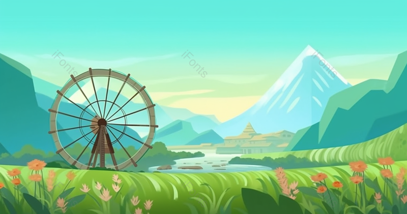 二十四节气小满时节农村乡村田园田野绿色的草地小溪流和水车远处山峰背景风景插画壁纸,插画/手绘图,插画/手绘图库,插画/手绘图下载,插画/手绘